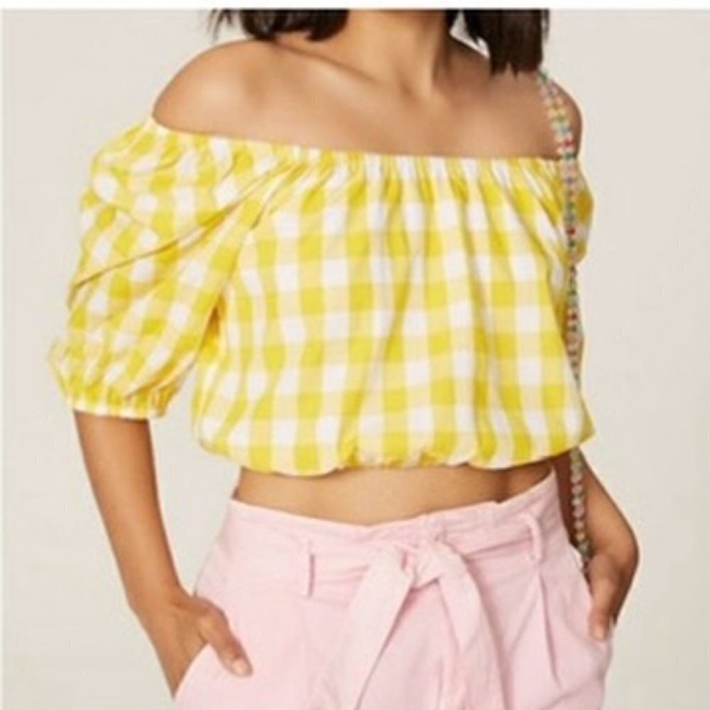 Color Me Courtney Gingham Plaid Yellow Crop Top Puff Sleeves Womens‎ XS